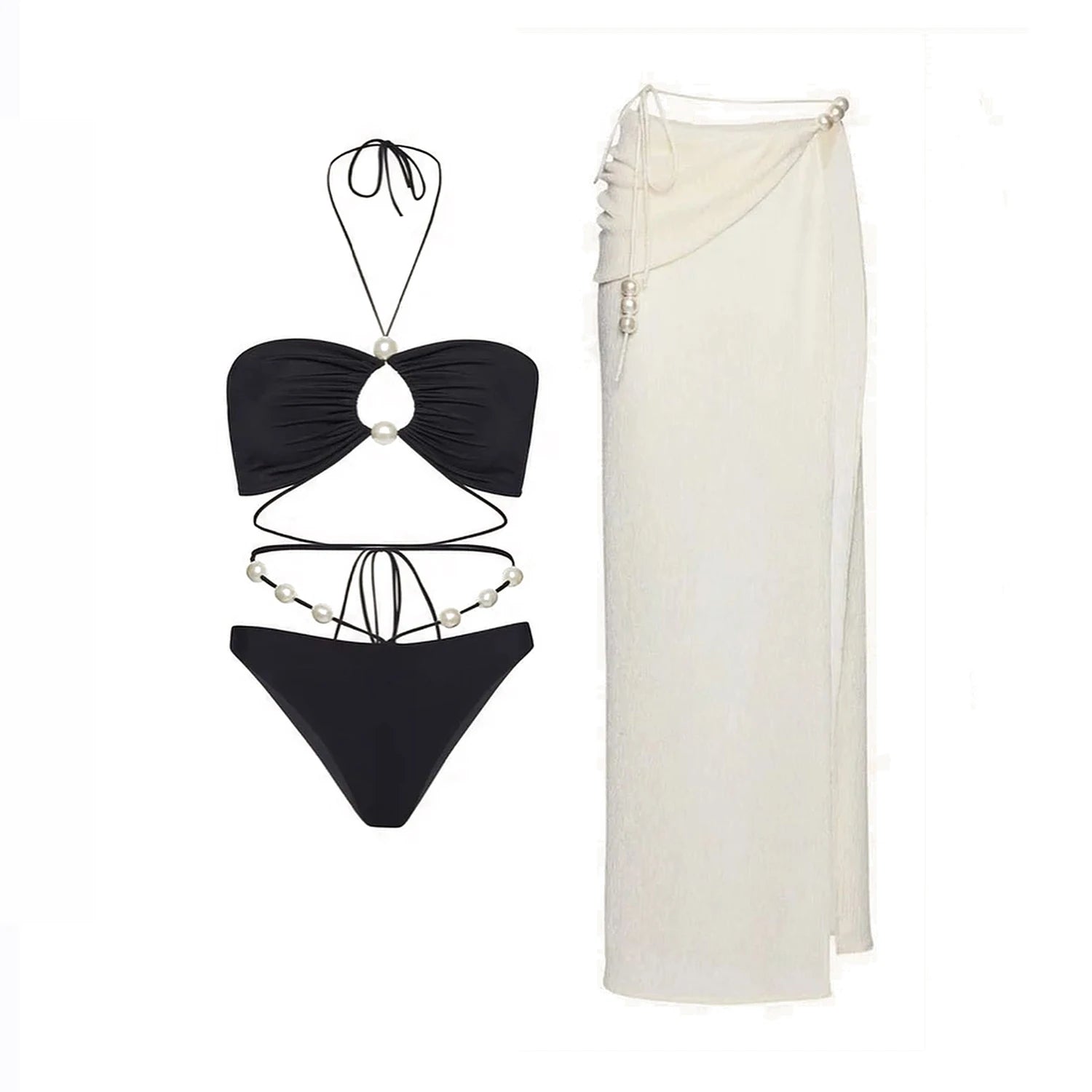 3Pcs White Pearl Bikini Set with Cover-Up