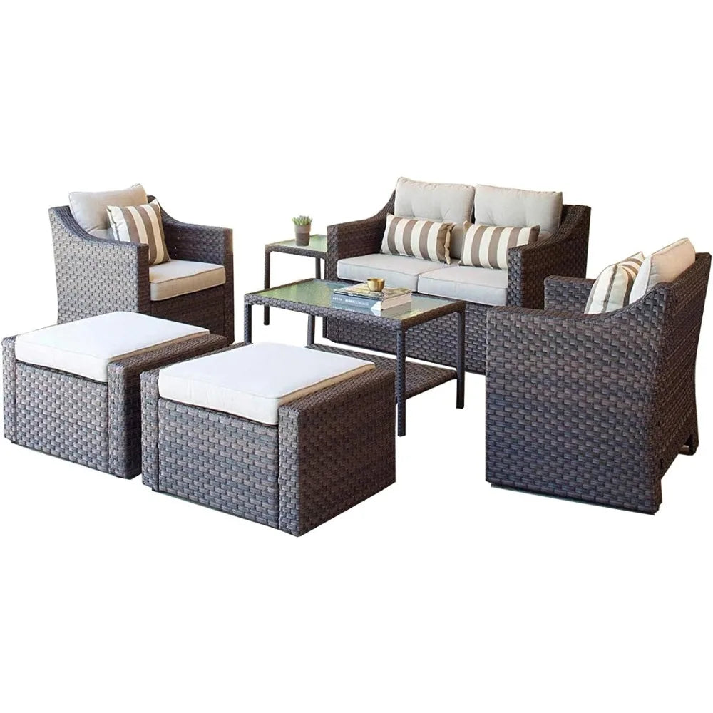 Wicker Lounge Chairs, Ottoman, Loveseat, and Glass Coffee Table