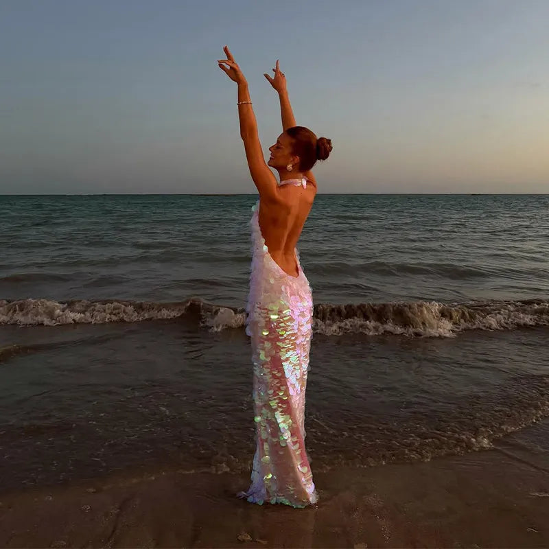 Chic Shining Sequin Maxi Dress – Backless Halter Beach Dress