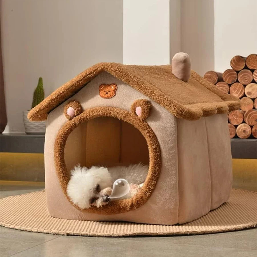 Foldable Cat and Dog Bed House with Washable Cushion for Small Pets