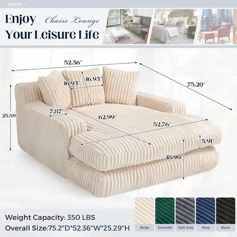 52" Upholstered Corduroy Chaise Lounge Chair - Comfy Cloud Couch