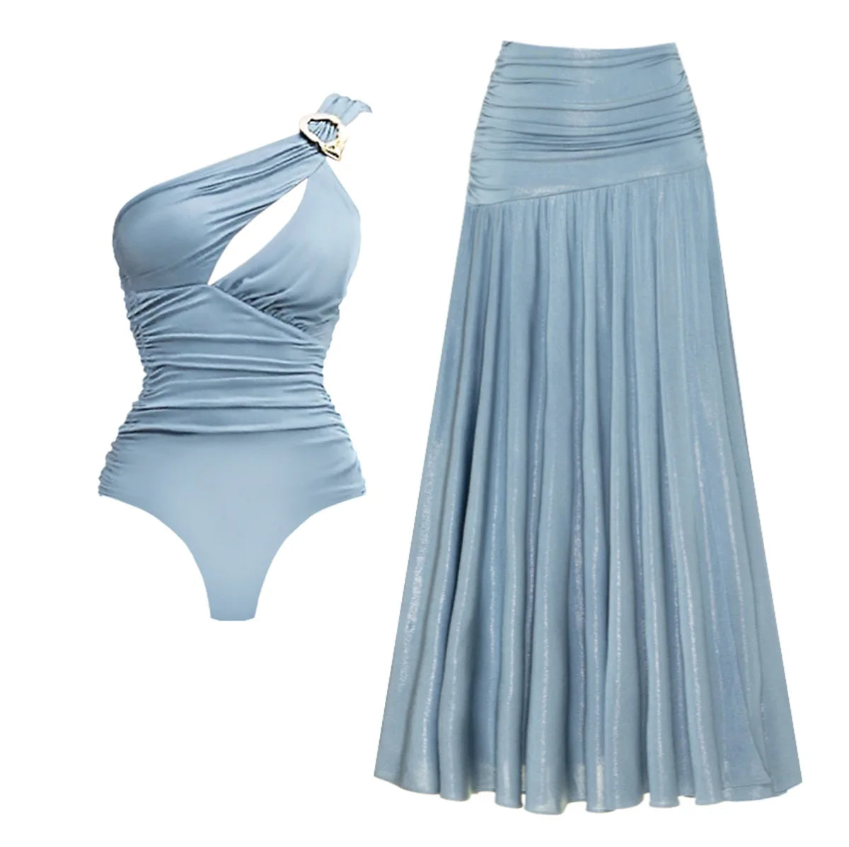 Deep V-Neck Swimsuit with Skirt – Sexy Cut-Out Push-Up Bikini