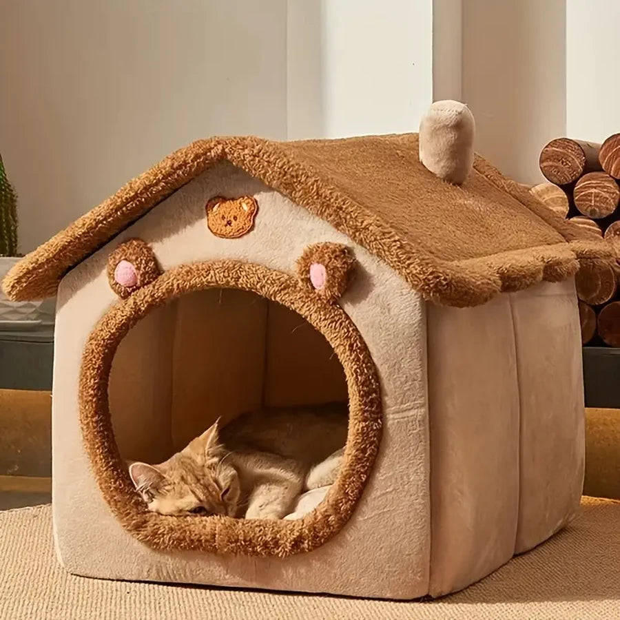 Foldable Cat and Dog Bed House with Washable Cushion for Small Pets