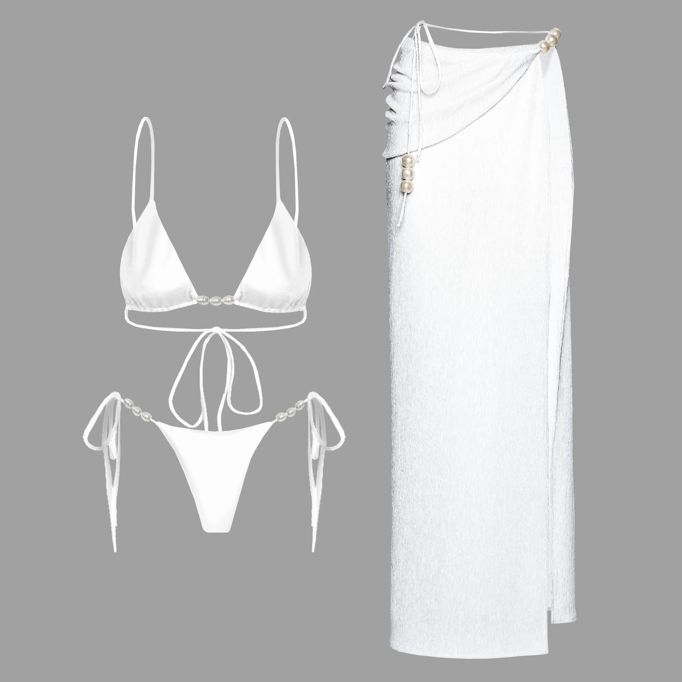 3Pcs White Pearl Bikini Set with Cover-Up