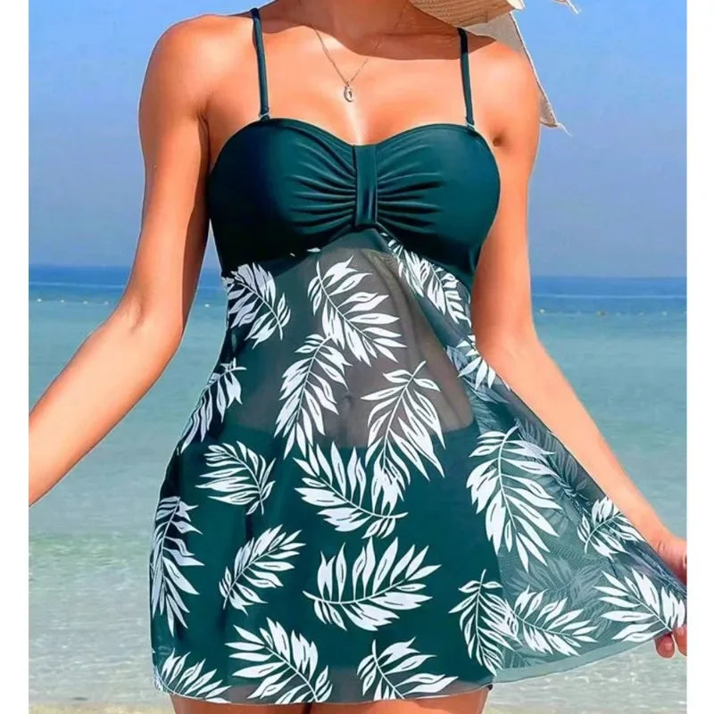 Leaf Print Women's Beach Dress with Shorts Summer Swimwear Set