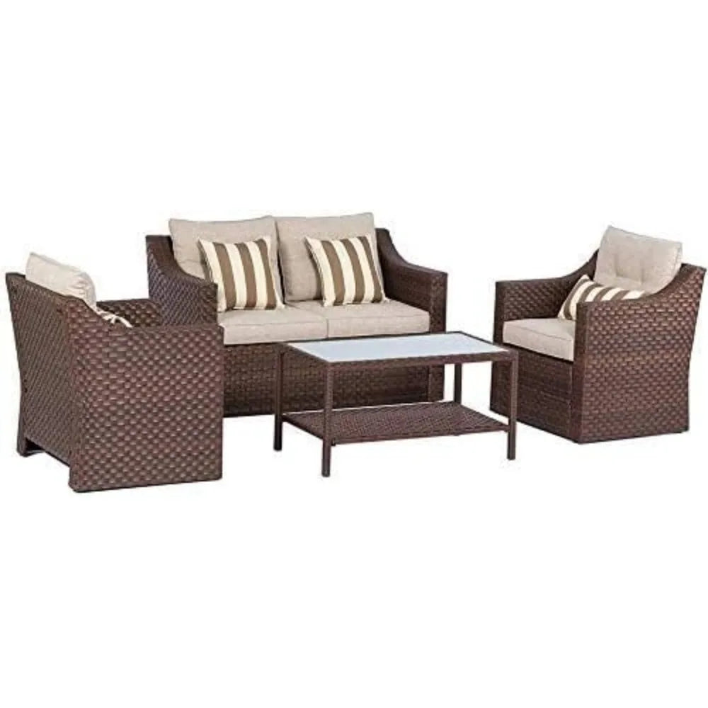 Wicker Lounge Chairs, Ottoman, Loveseat, and Glass Coffee Table