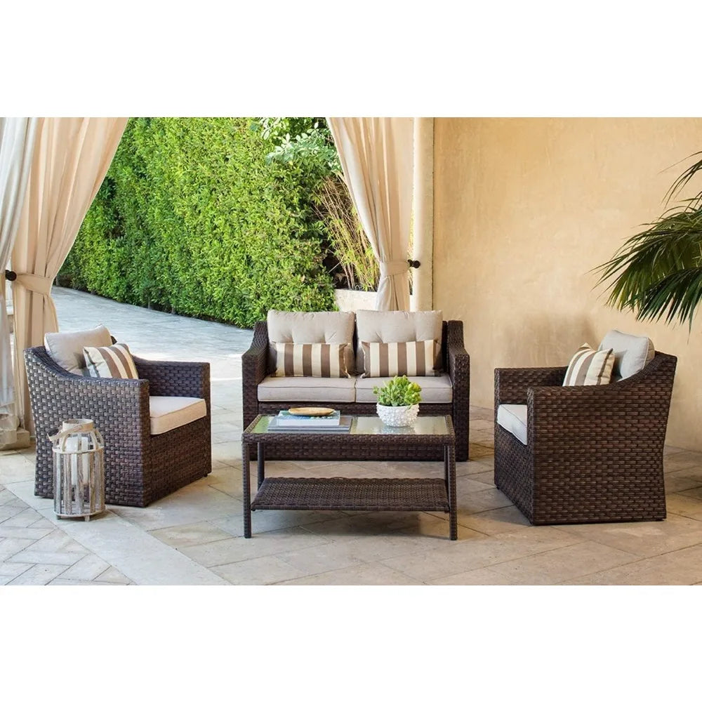 Wicker Lounge Chairs, Ottoman, Loveseat, and Glass Coffee Table