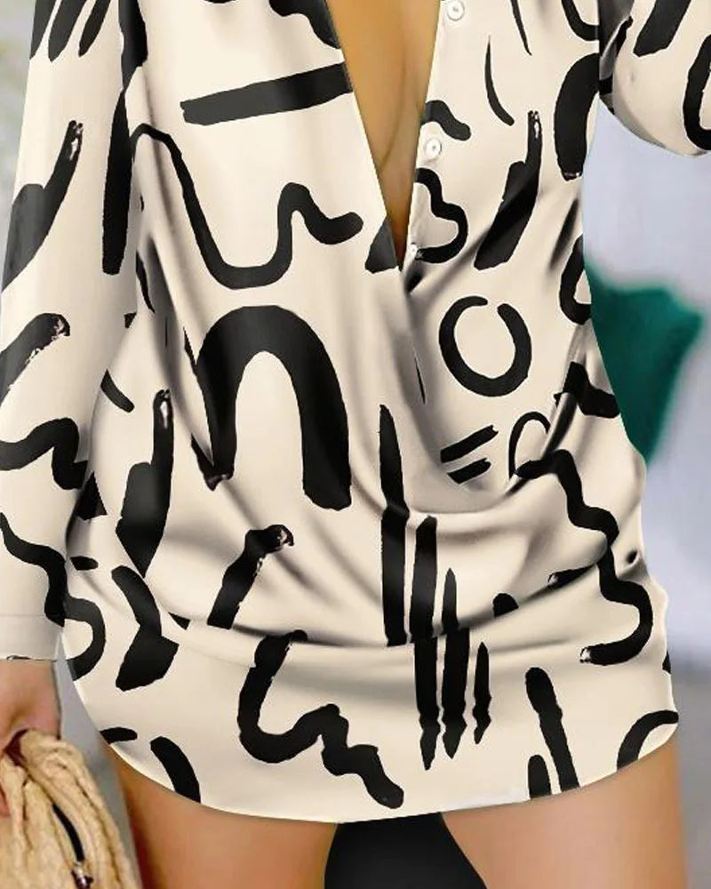 Casual Letter Print Long Sleeve Shirt Dress with Turn-down Collar