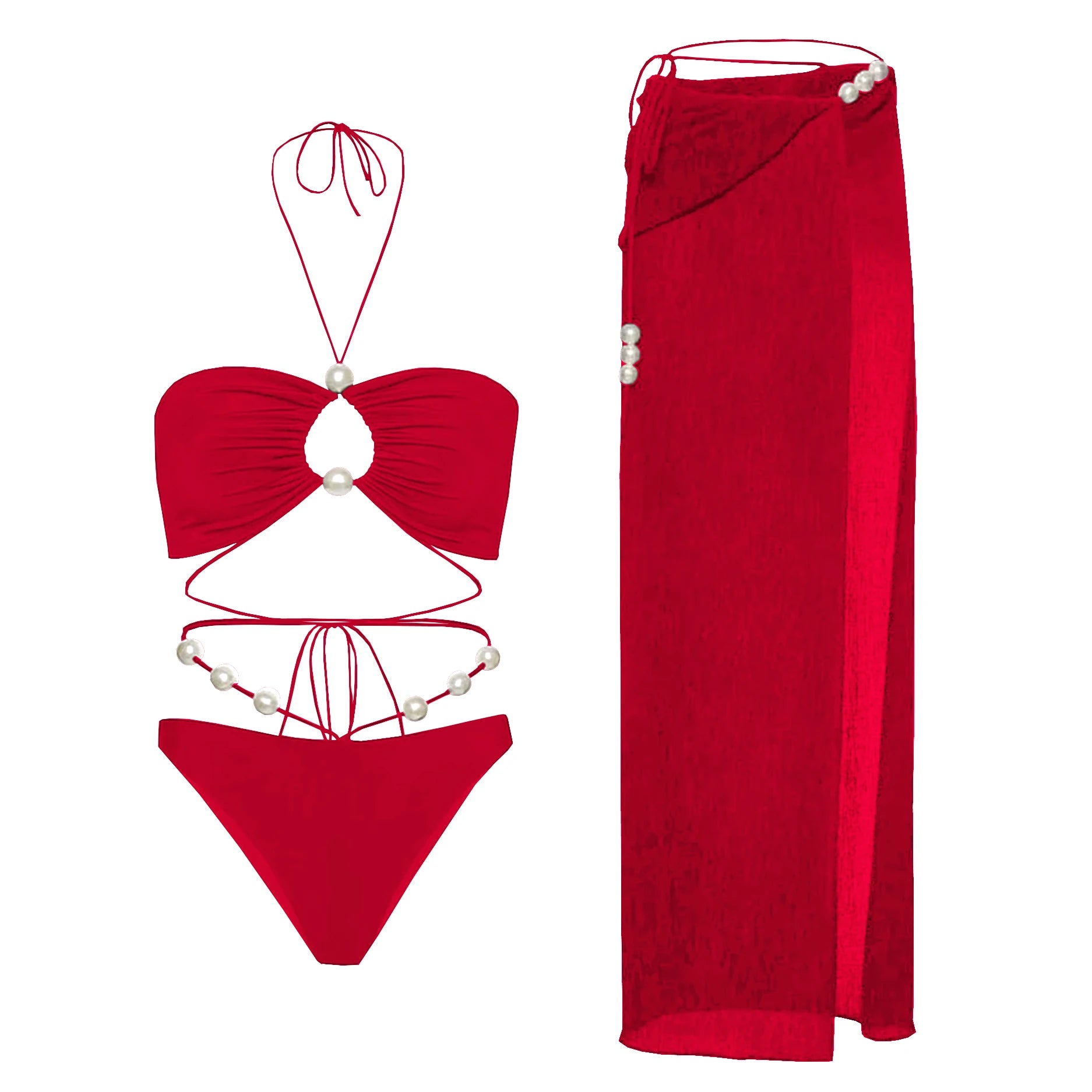 3Pcs White Pearl Bikini Set with Cover-Up