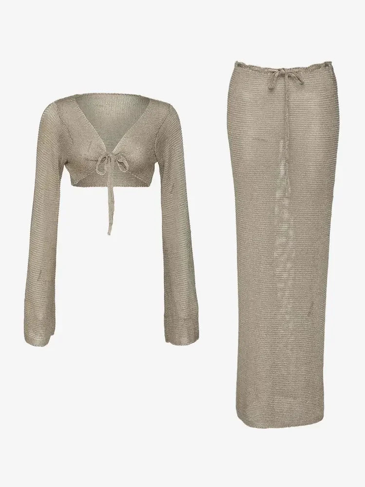 Metallic Gold Knit 2-Piece Skirt Set