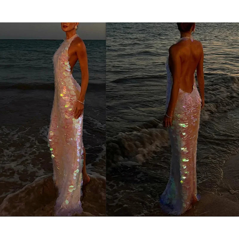 Chic Shining Sequin Maxi Dress – Backless Halter Beach Dress
