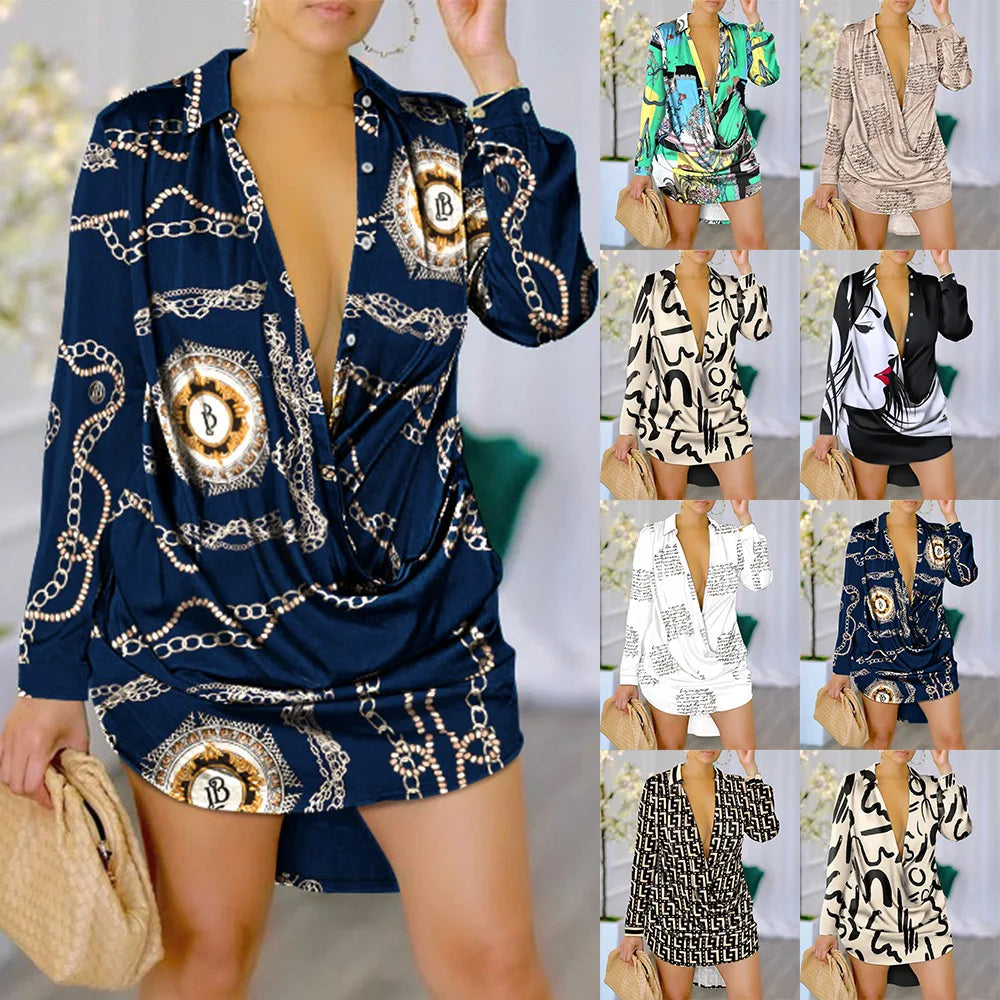 Casual Letter Print Long Sleeve Shirt Dress with Turn-down Collar