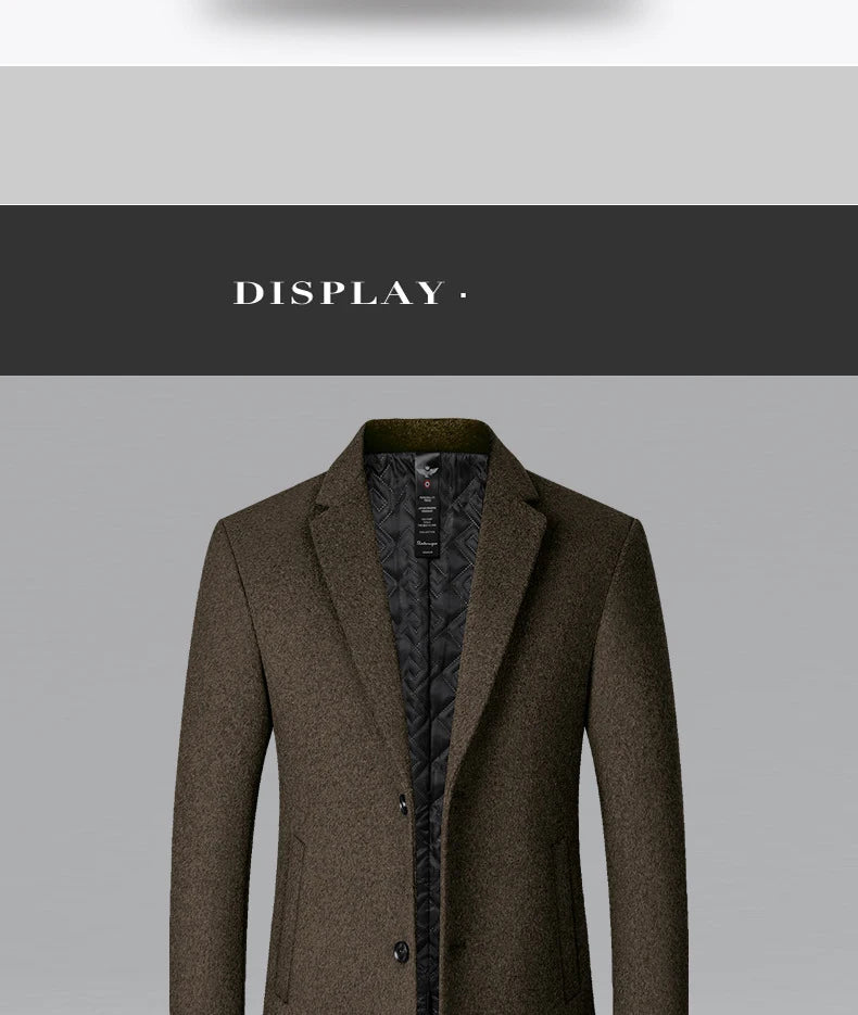 BROWON Men's Solid Color Woolen Trench Coat