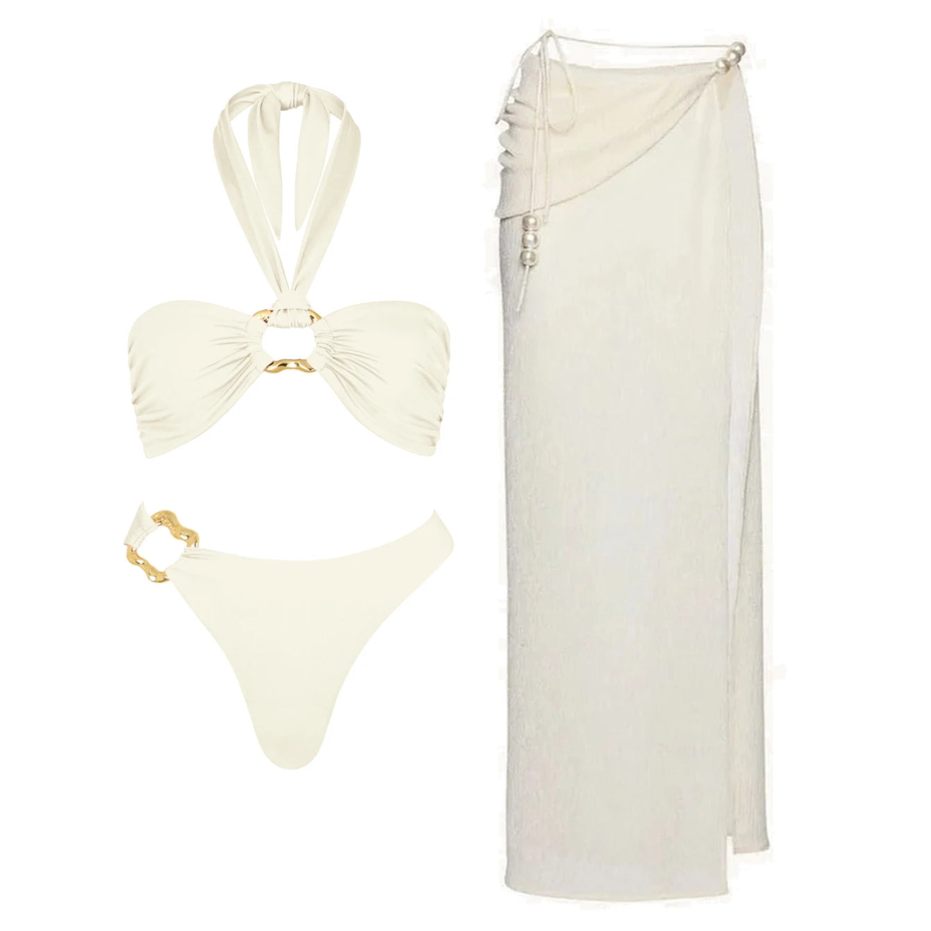 3Pcs White Pearl Bikini Set with Cover-Up