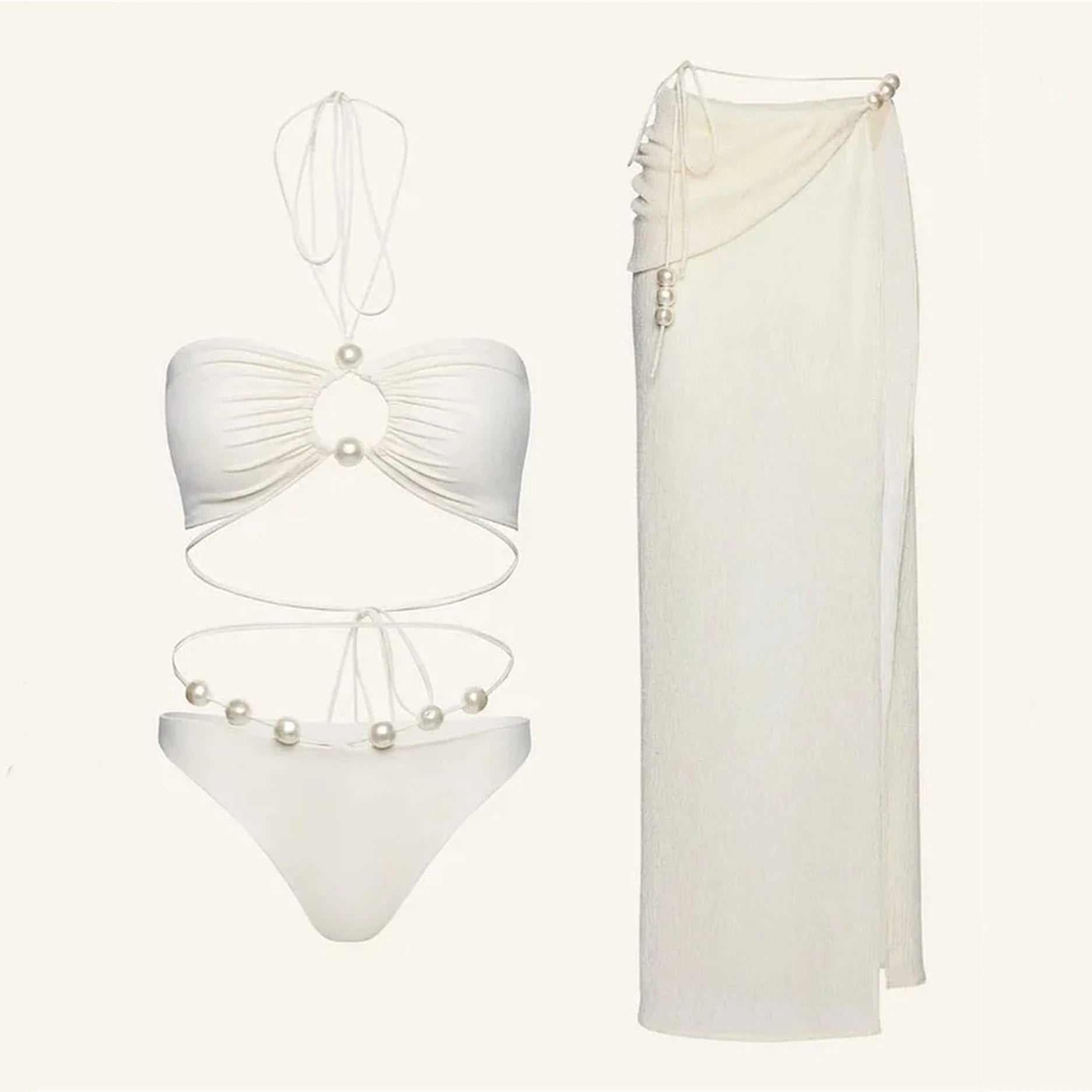 3Pcs White Pearl Bikini Set with Cover-Up
