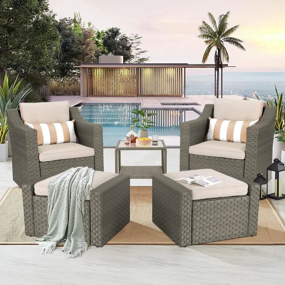 Wicker Lounge Chairs, Ottoman, Loveseat, and Glass Coffee Table