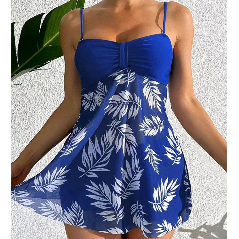 Leaf Print Women's Beach Dress with Shorts Summer Swimwear Set