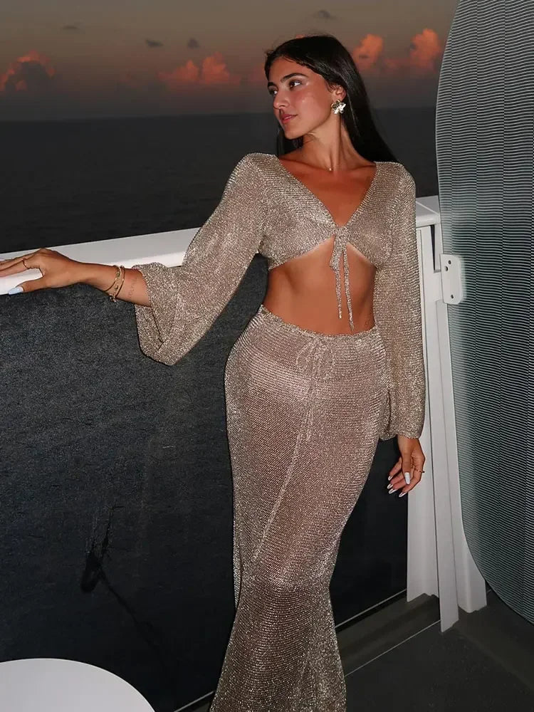 Metallic Gold Knit 2-Piece Skirt Set