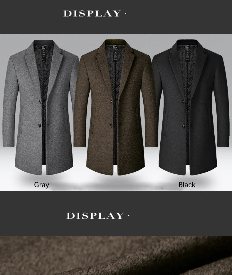 BROWON Men's Solid Color Woolen Trench Coat