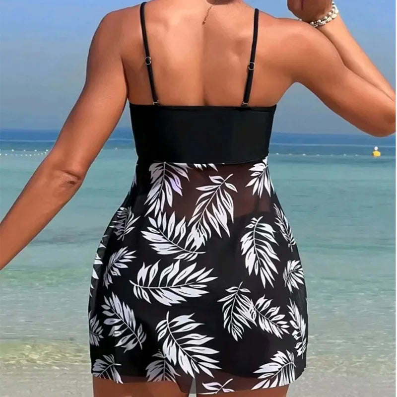 Leaf Print Women's Beach Dress with Shorts Summer Swimwear Set