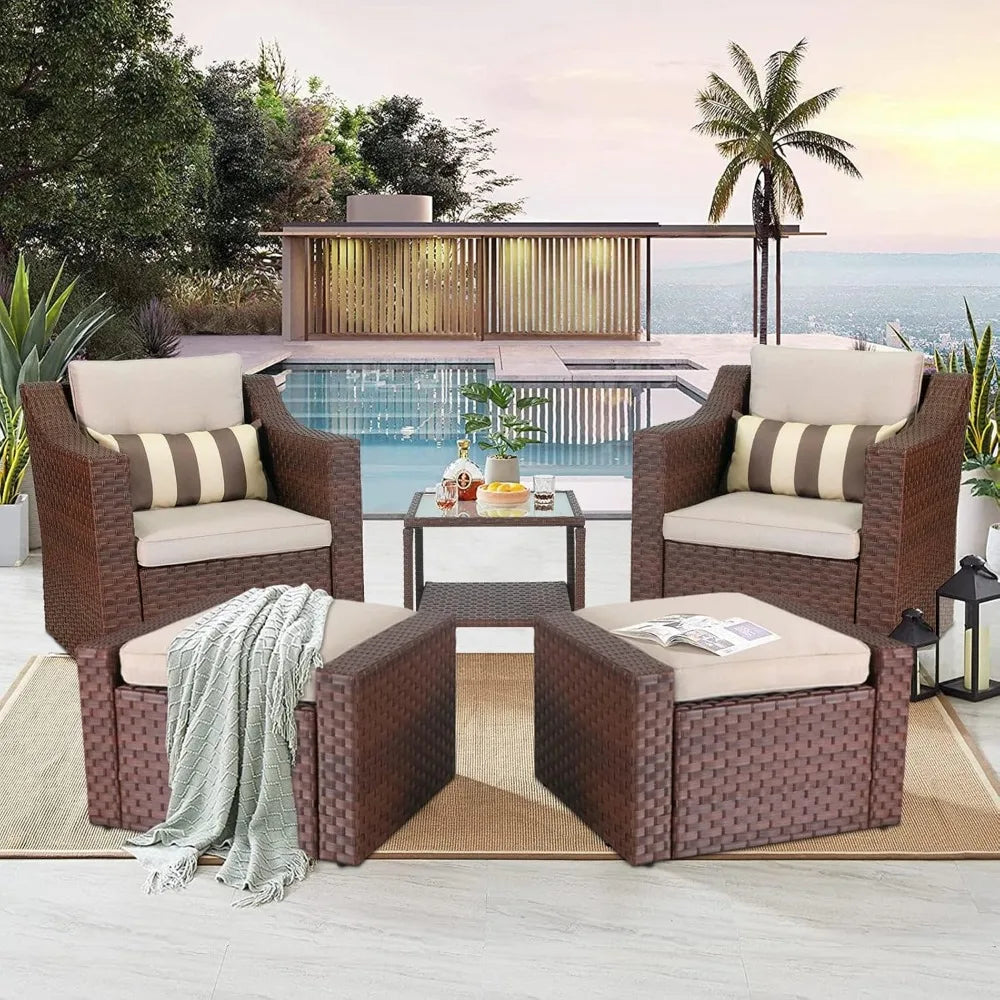 Wicker Lounge Chairs, Ottoman, Loveseat, and Glass Coffee Table