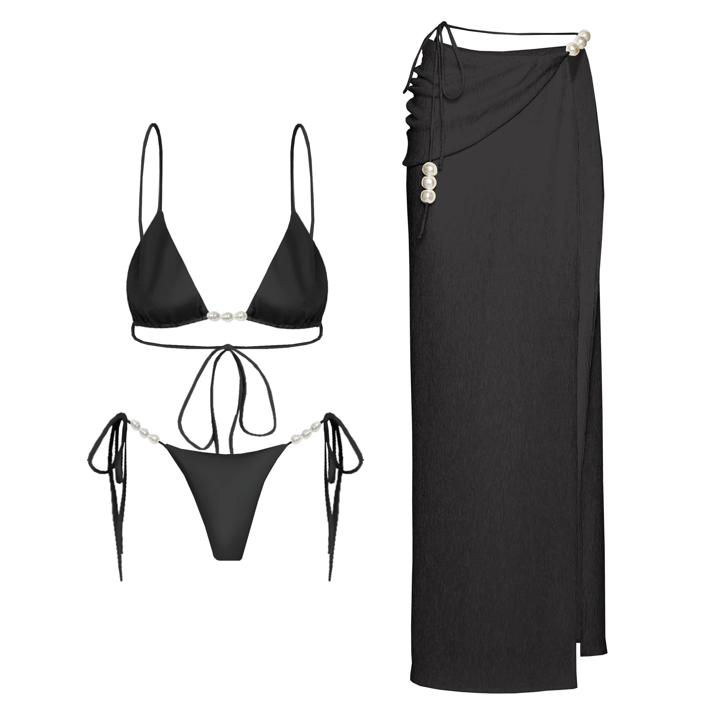 3Pcs White Pearl Bikini Set with Cover-Up