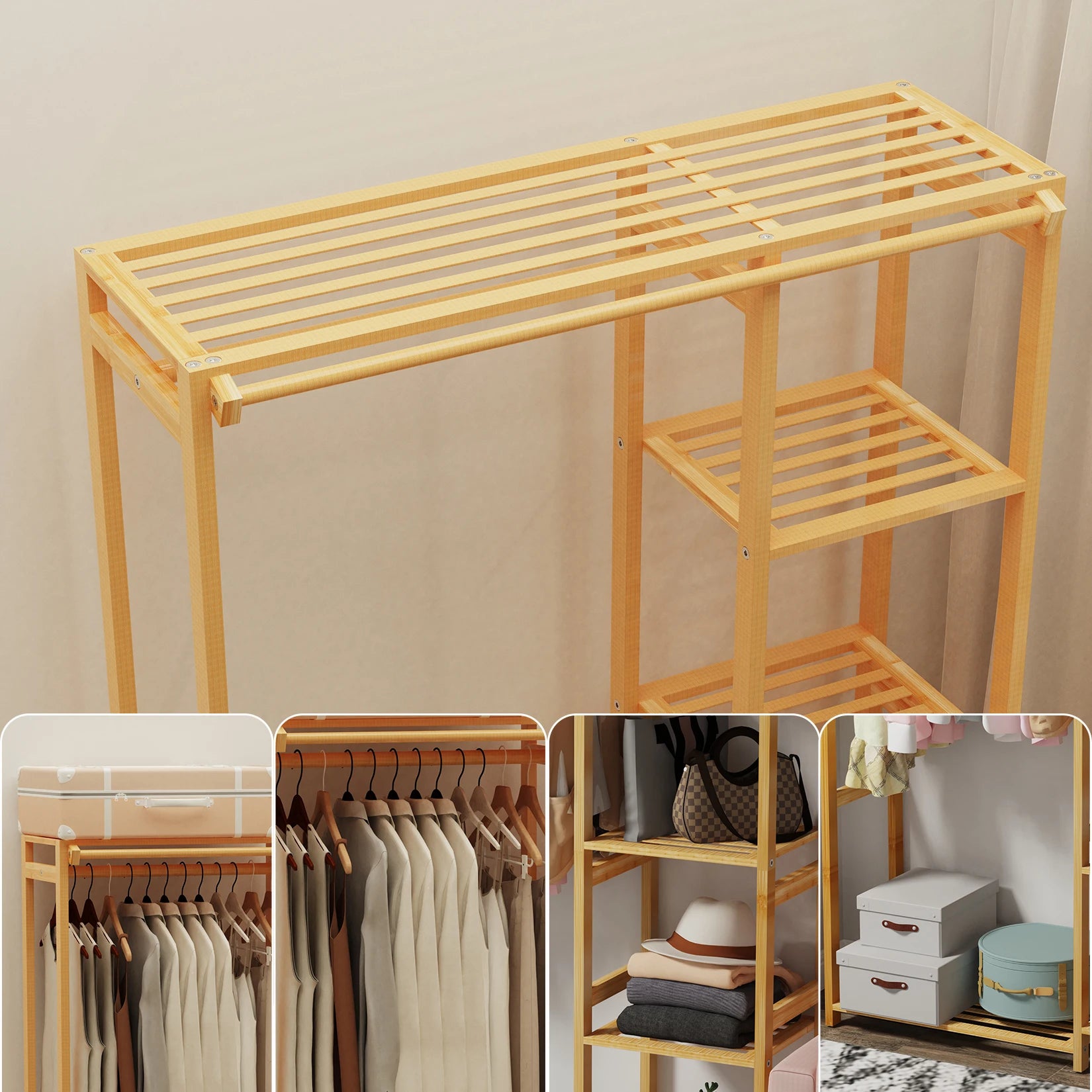 6-Tier Bamboo Garment Rack with Hanging Cover