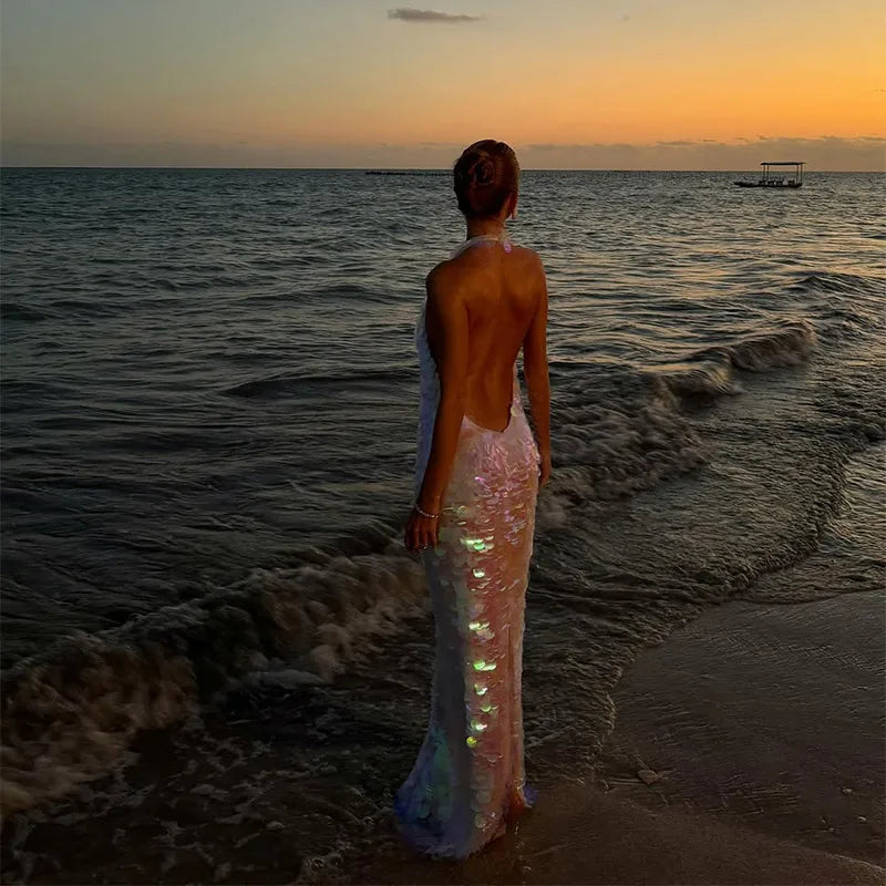 Chic Shining Sequin Maxi Dress – Backless Halter Beach Dress