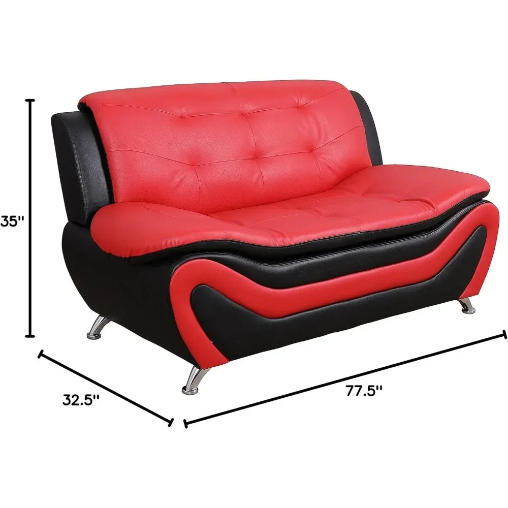 Aldo 3-Piece Modern Sofa Set - Black/Red Living Room Furniture