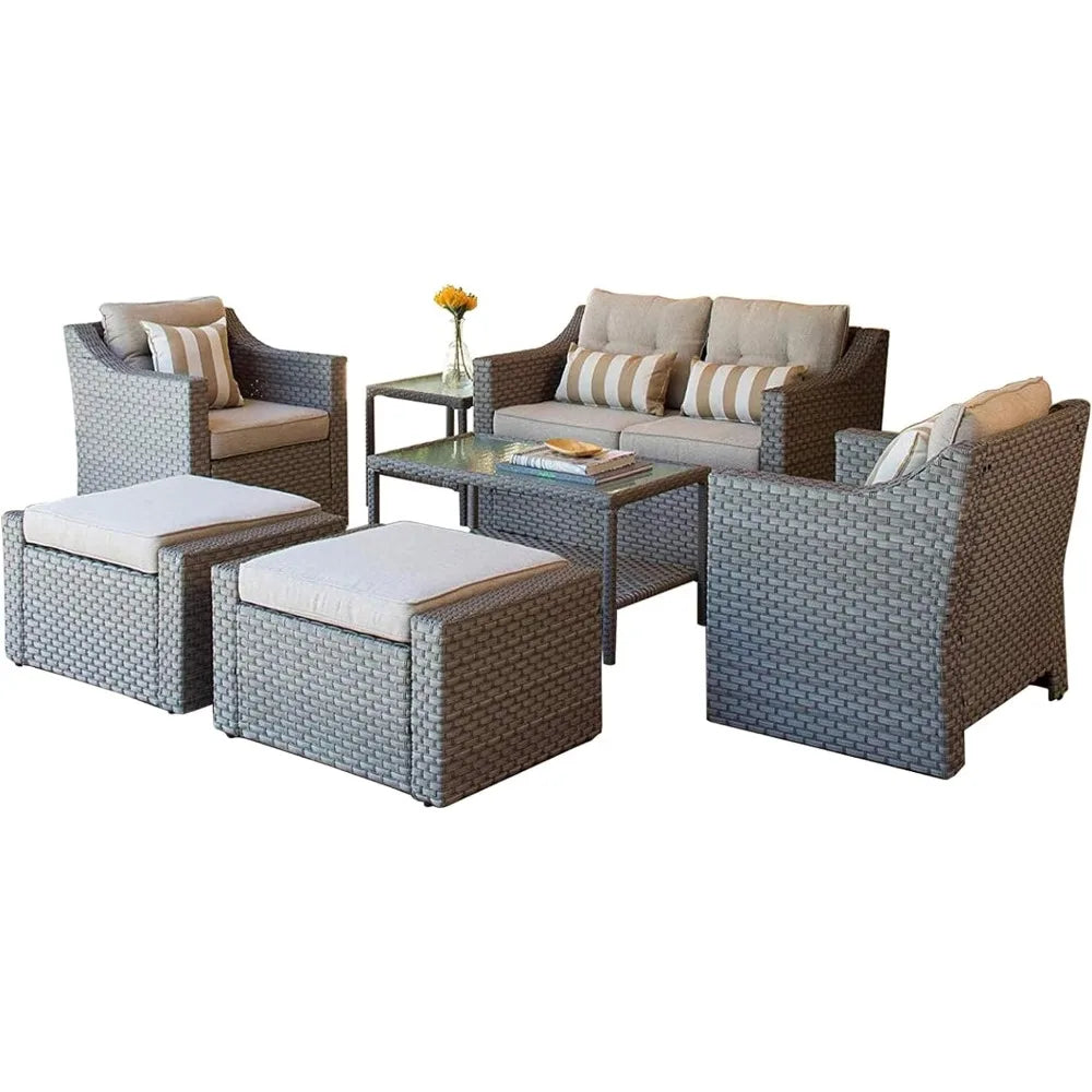 Wicker Lounge Chairs, Ottoman, Loveseat, and Glass Coffee Table