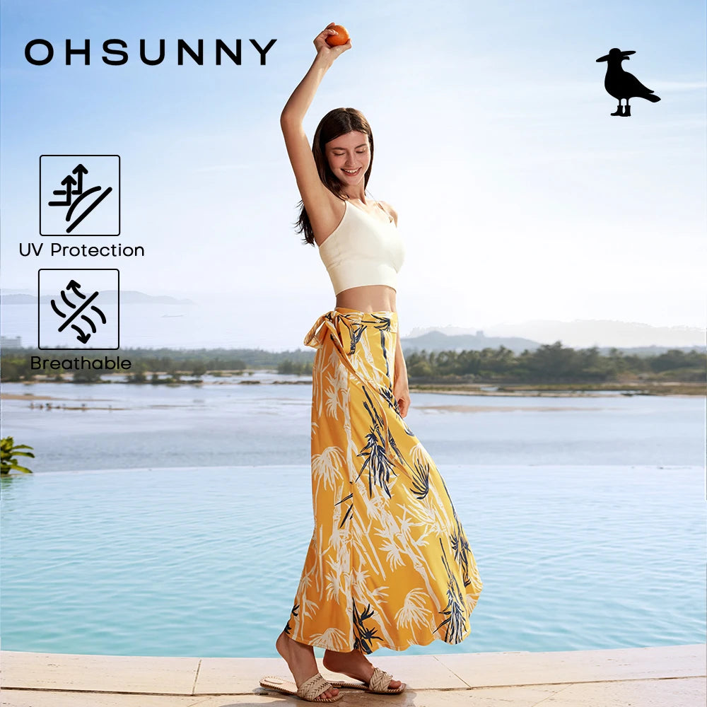 OhSunny UPF 50+ Beach Cover Up Skirt Tropical Print Maxi Sundress