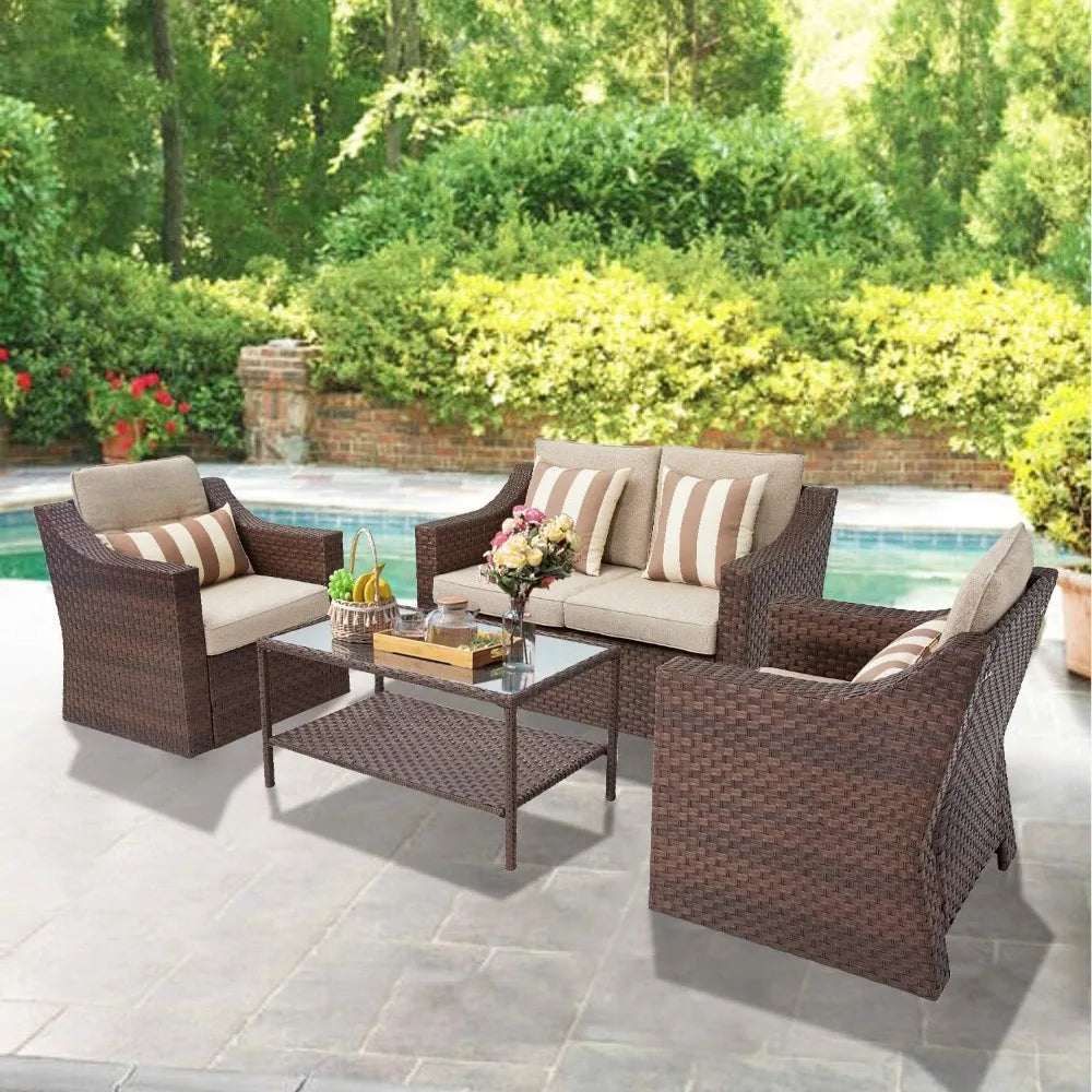 Wicker Lounge Chairs, Ottoman, Loveseat, and Glass Coffee Table