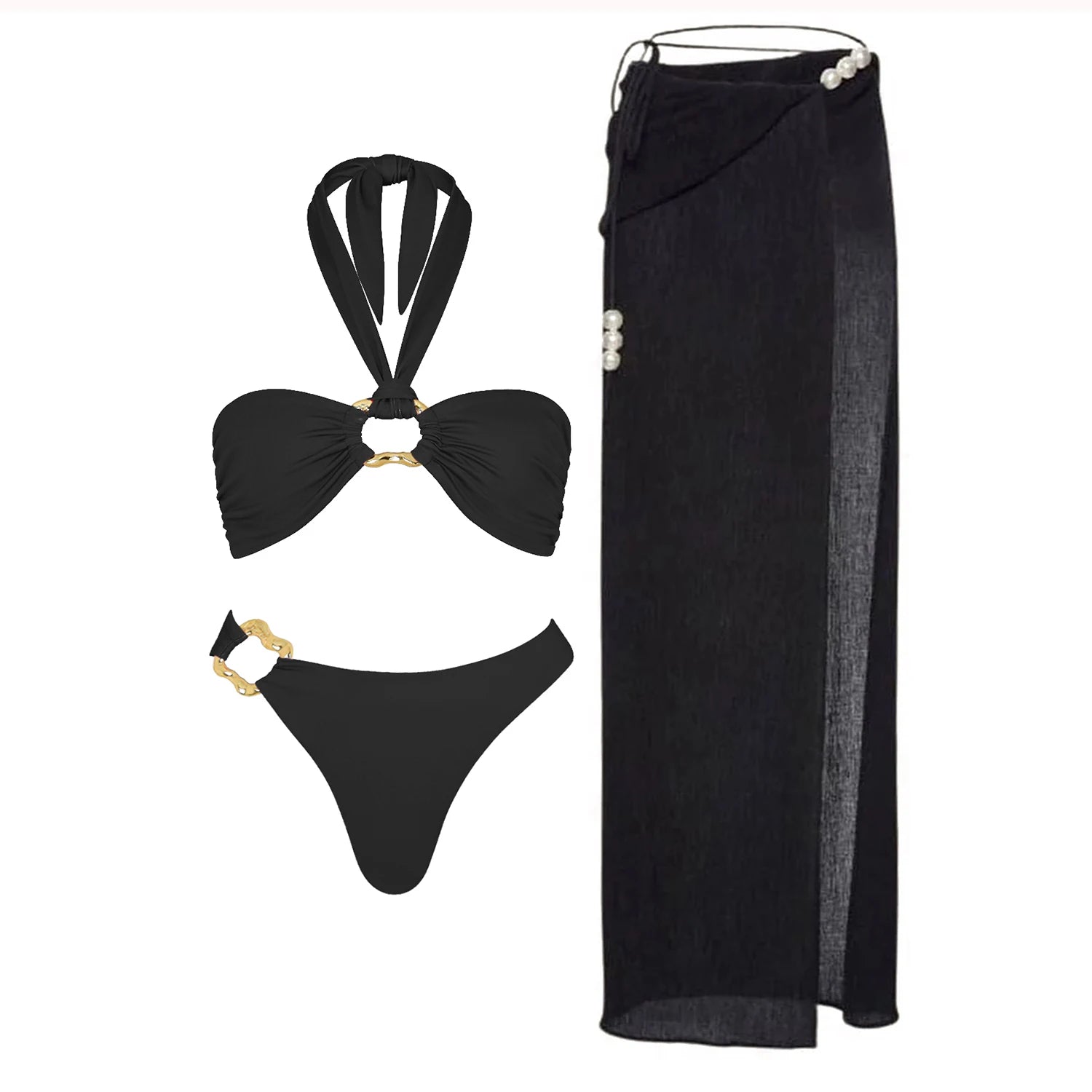 3Pcs White Pearl Bikini Set with Cover-Up