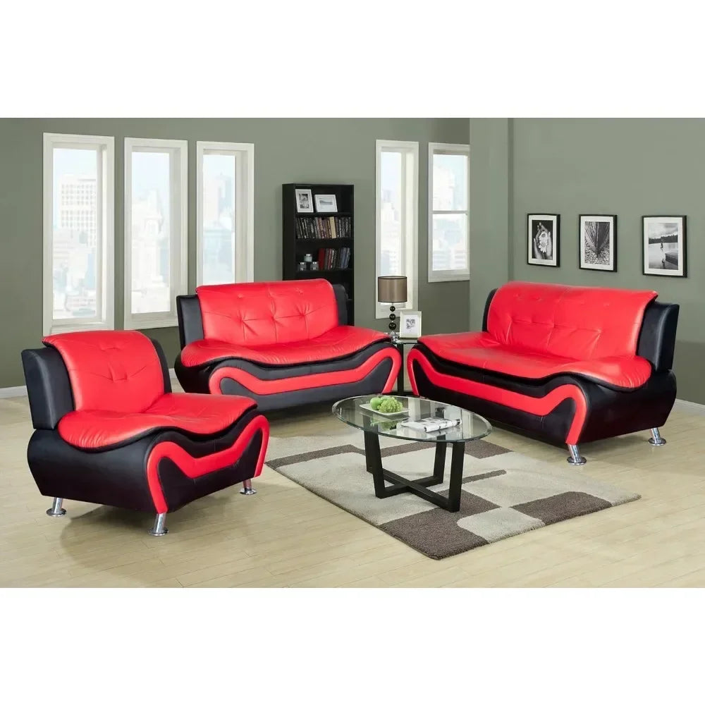 Aldo 3-Piece Modern Sofa Set - Black/Red Living Room Furniture