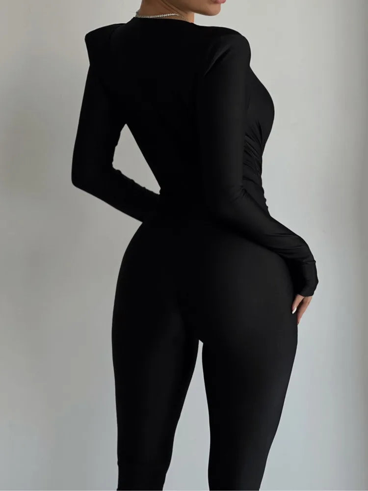 Elegant Black Deep V-Neck Jumpsuit – Long Sleeve Slim Fit
