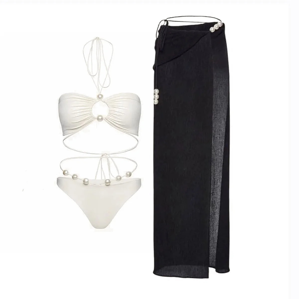 3Pcs White Pearl Bikini Set with Cover-Up