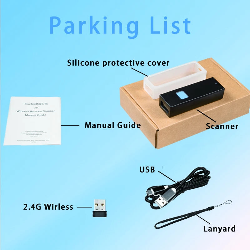 Portable Mini Bluetooth Barcode Scanner – 2D QR Code Reader with USB