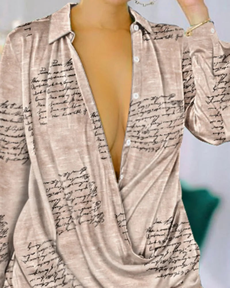 Casual Letter Print Long Sleeve Shirt Dress with Turn-down Collar