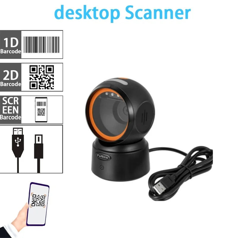 Omnidirectional 1D/2D QR Desktop Scanner – Hands-Free USB Plug & Play
