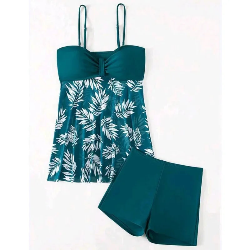 Leaf Print Women's Beach Dress with Shorts Summer Swimwear Set