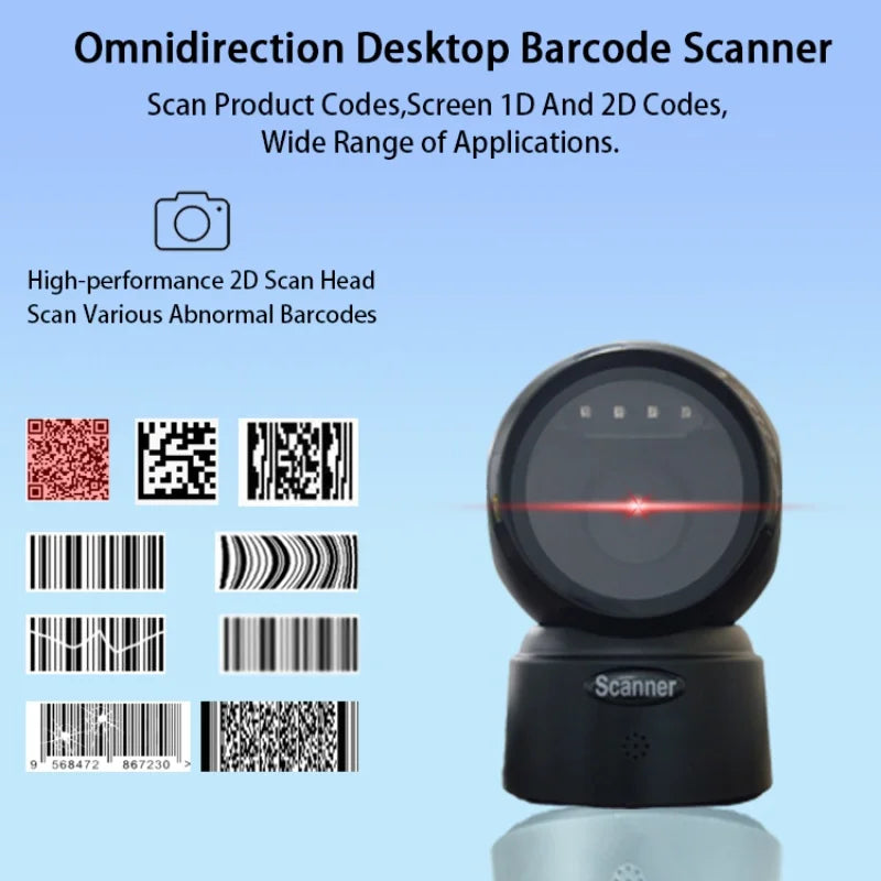 Omnidirectional 1D/2D QR Desktop Scanner – Hands-Free USB Plug & Play