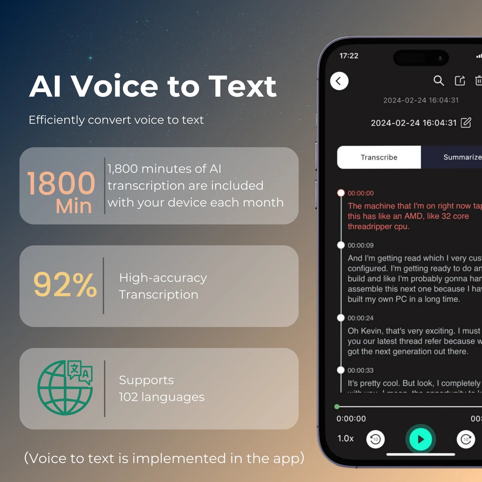 AI Voice Recorder – 64GB Dictaphone with Transcription & Translation