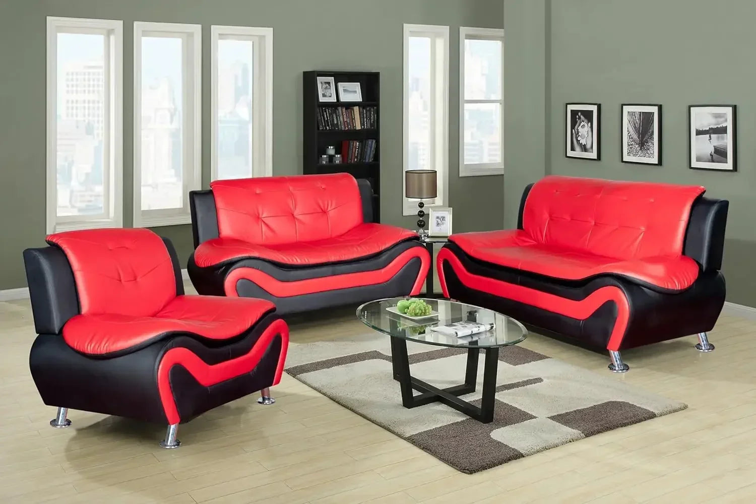 Aldo 3-Piece Modern Sofa Set - Black/Red Living Room Furniture