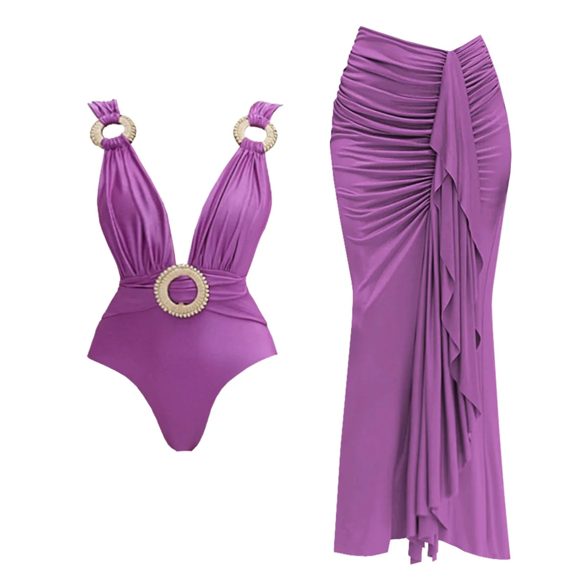 Deep V-Neck Swimsuit with Skirt – Sexy Cut-Out Push-Up Bikini