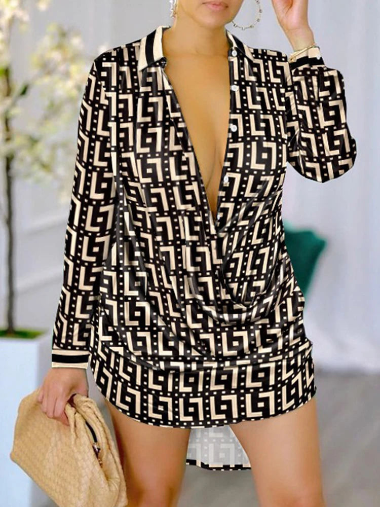 Casual Letter Print Long Sleeve Shirt Dress with Turn-down Collar