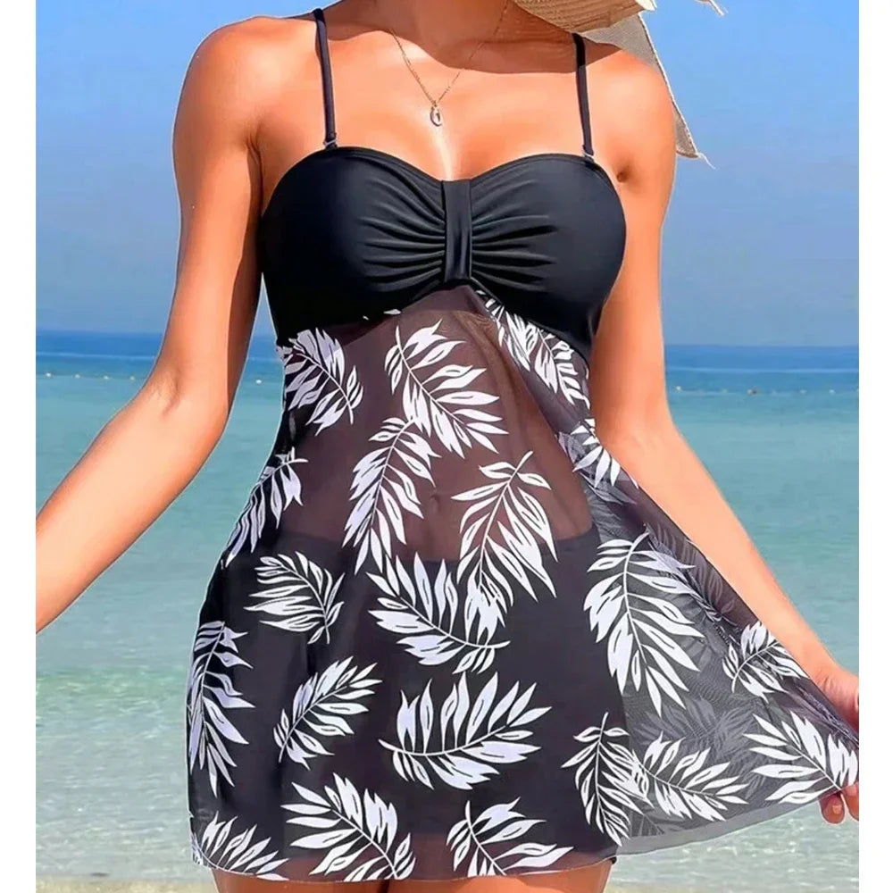 Leaf Print Women's Beach Dress with Shorts Summer Swimwear Set