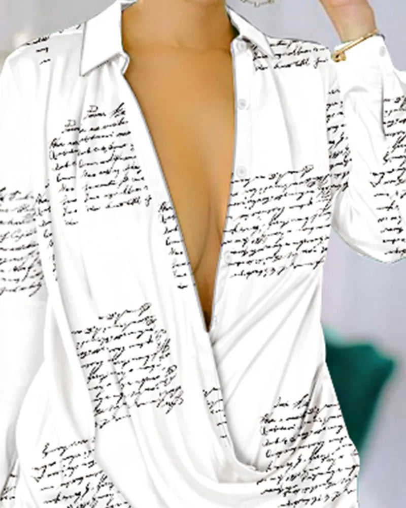 Casual Letter Print Long Sleeve Shirt Dress with Turn-down Collar