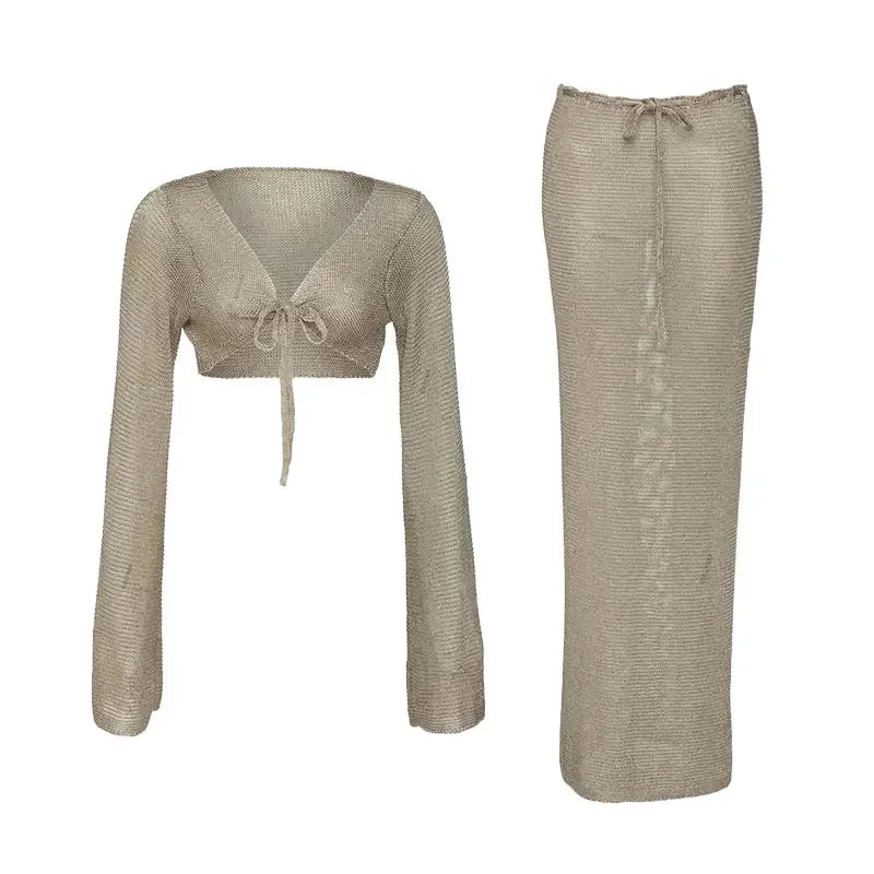 Metallic Gold Knit 2-Piece Skirt Set