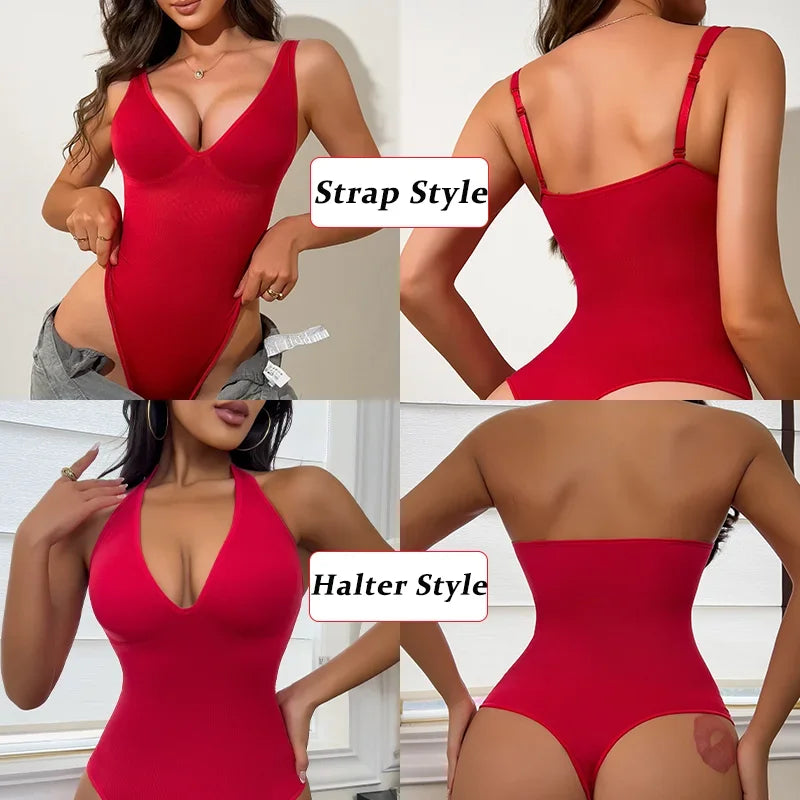 Deep V Halter Bodysuit – Tummy Control & Adjustable Straps
