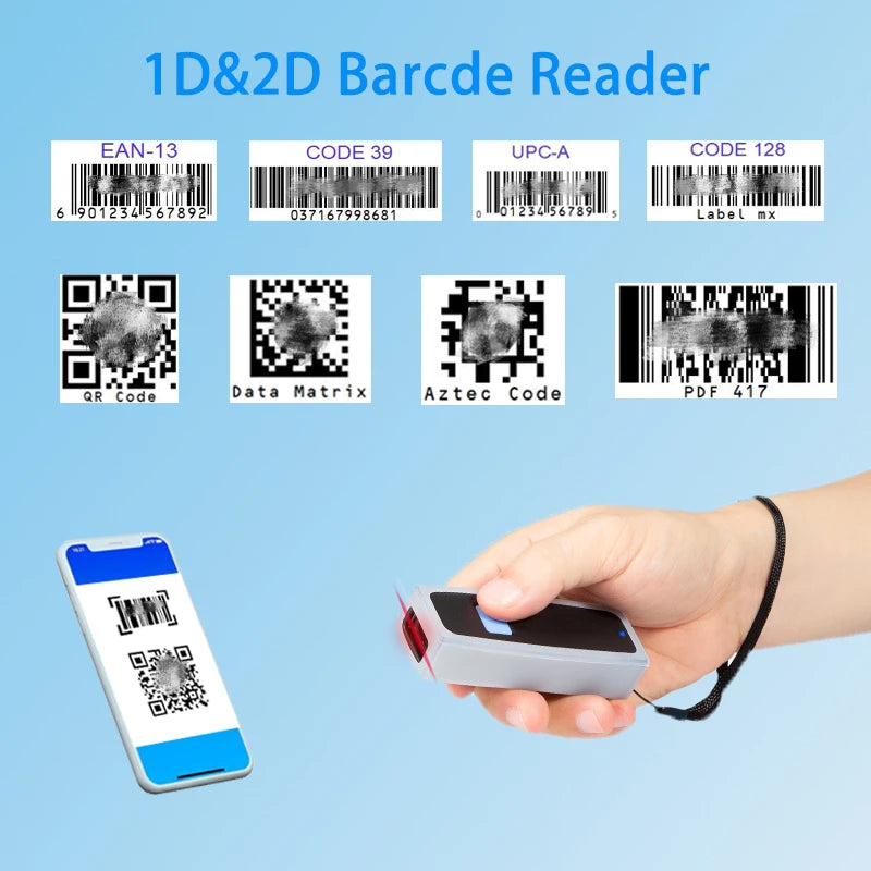 Portable Mini Bluetooth Barcode Scanner – 2D QR Code Reader with USB